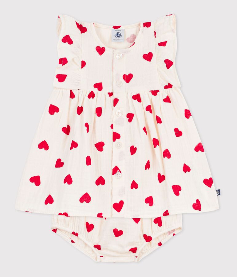 Babies' cotton baby dress with bloomers, printed with hearts Ecru/red