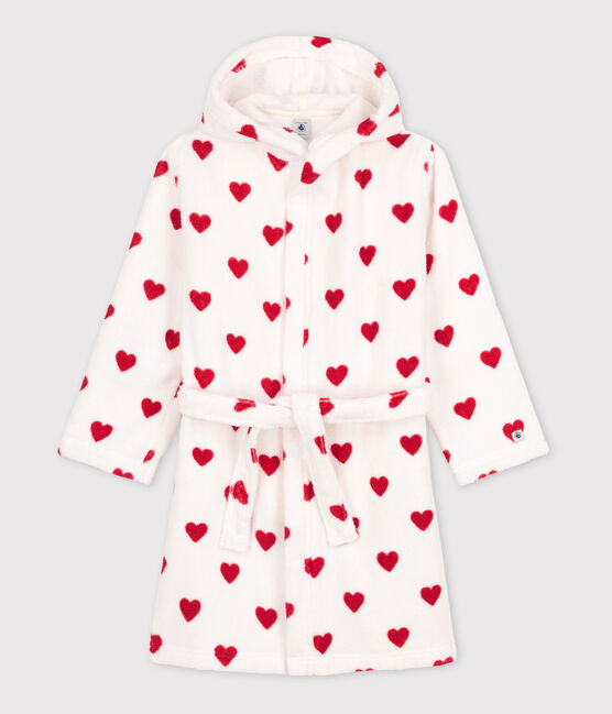 Children's Unisex Heart Patterned Terry Bathrobe MARSHMALLOW white/TERKUIT red