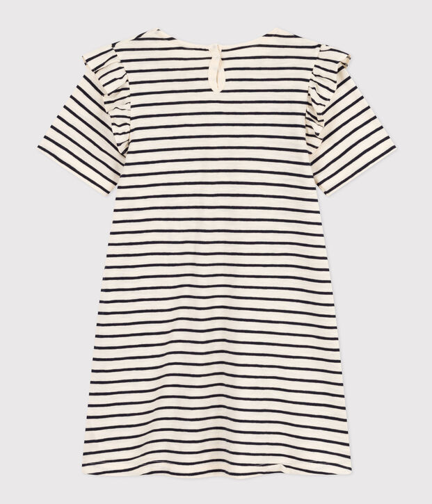 Girls' Stripy Short-Sleeved Cotton Dress Ecru/blue