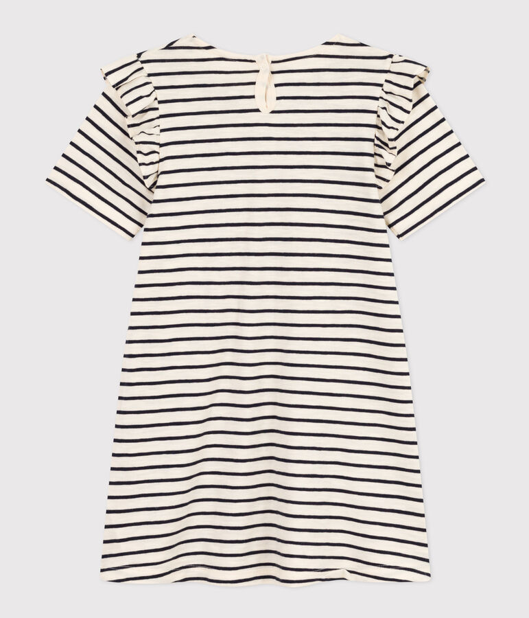 Girls' Stripy Short-Sleeved Cotton Dress AVALANCHE white/SMOKING blue