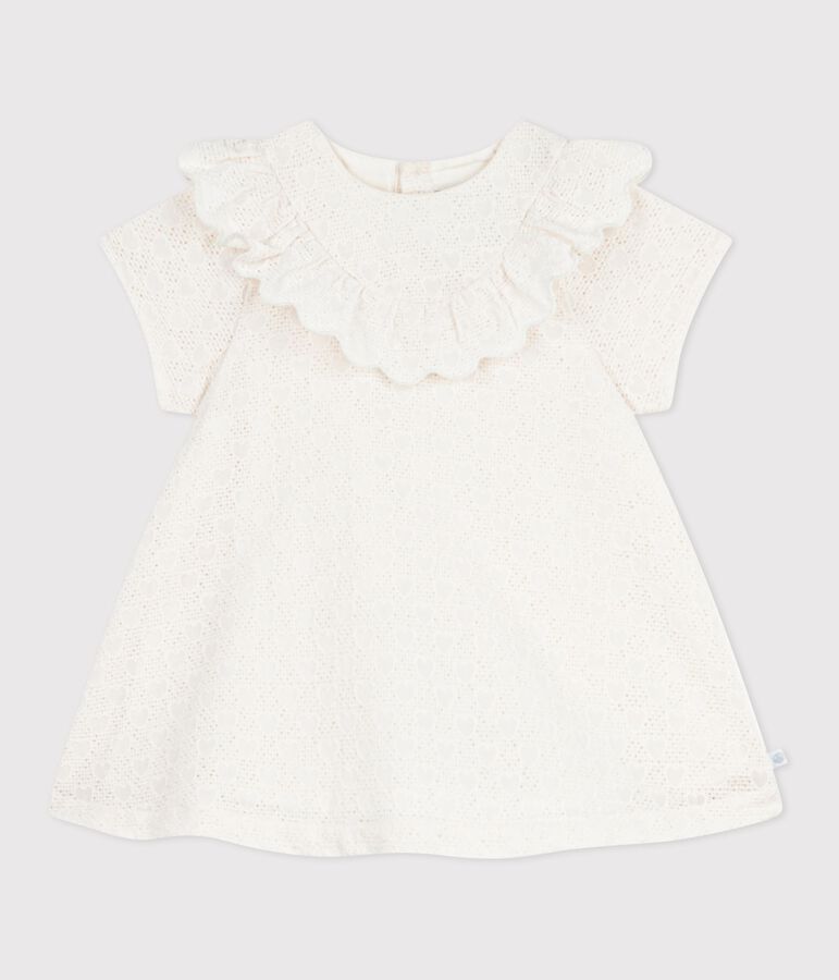 Babies' dress in broderie anglaise with short sleeves and a hearts motif MARSHMALLOW white