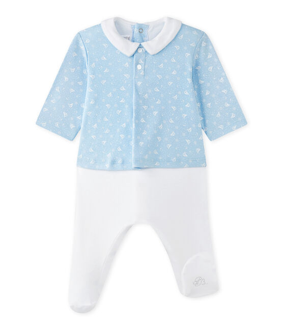 Baby boys' dual-fabric chemisette-all-in-one TOUDOU blue/ECUME white