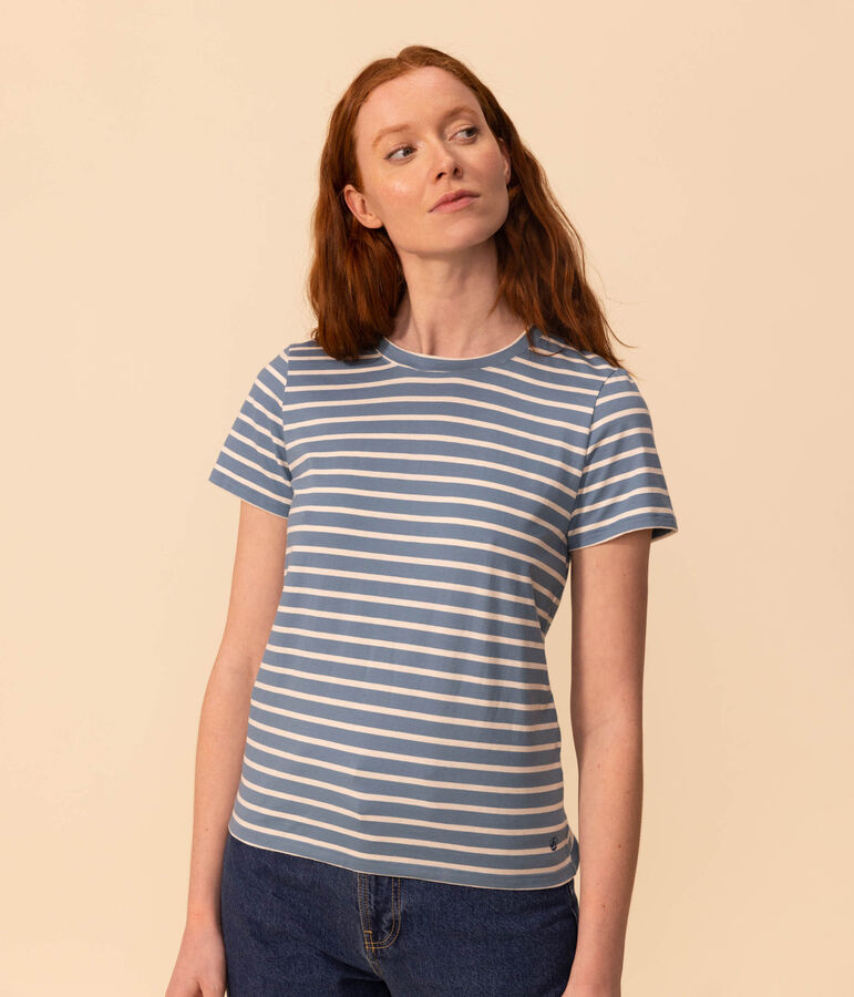 Women's Straight Round-Neck Cotton T-Shirt blue/ecru