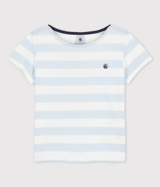 Girls' Short-Sleeved Cotton T-Shirt blue/white