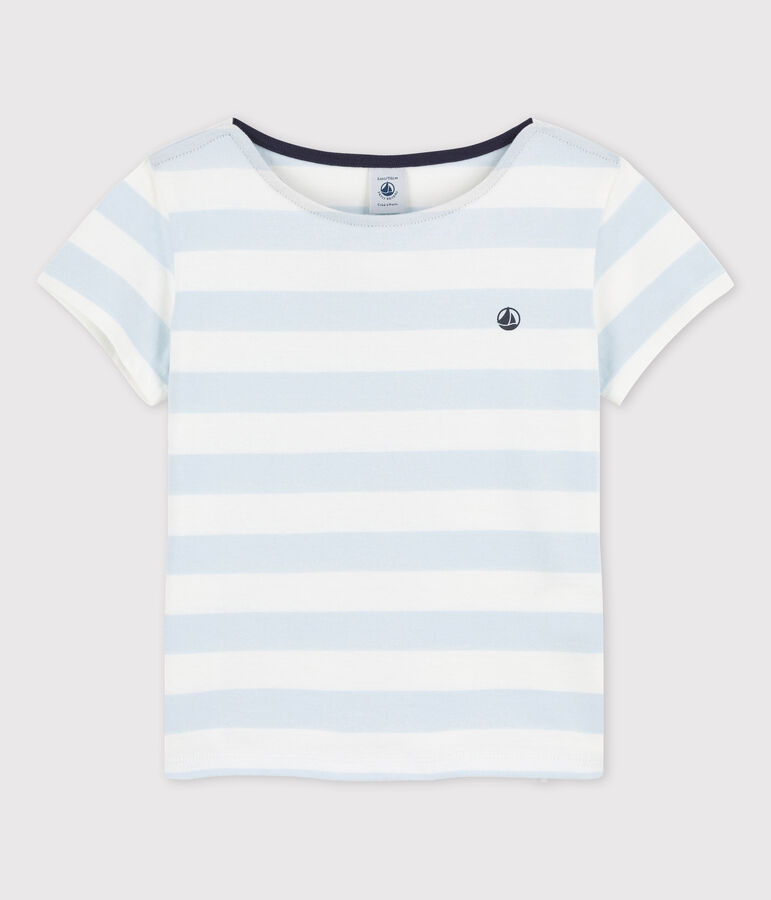 Girls' Short-Sleeved Cotton T-Shirt blue/white