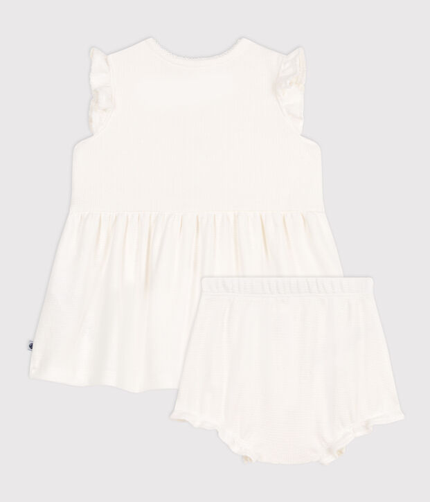 Babies' short-sleeved white honeycomb dress and bloomers white