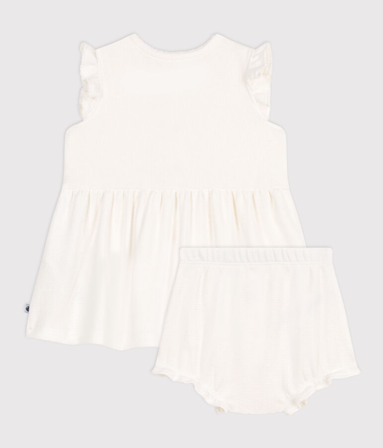 Babies' short-sleeved white honeycomb dress and bloomers white