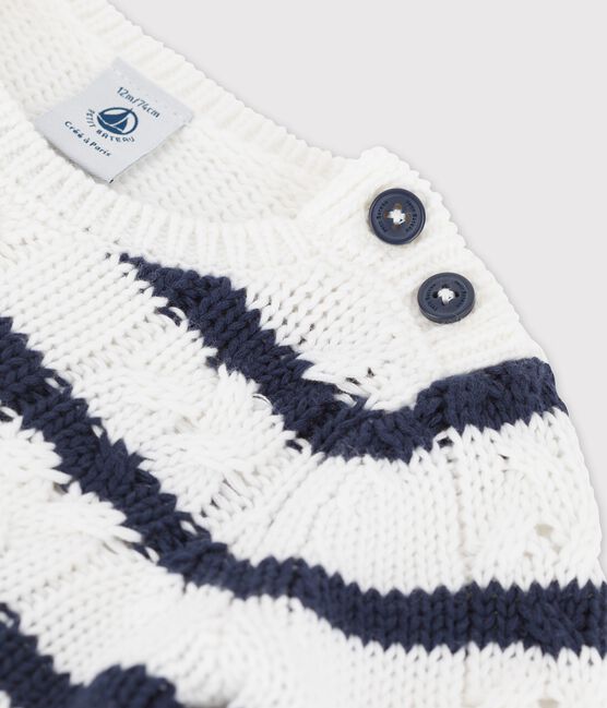 Babies' Cable Knit Jumper MARSHMALLOW white/SMOKING blue