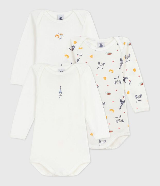 Pack of babies' long-sleeved Paris-print cotton bodies multicolor