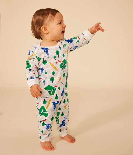 Babies' Paris Print Footless Cotton Pyjamas MARSHMALLOW white/MEDIEVAL blue