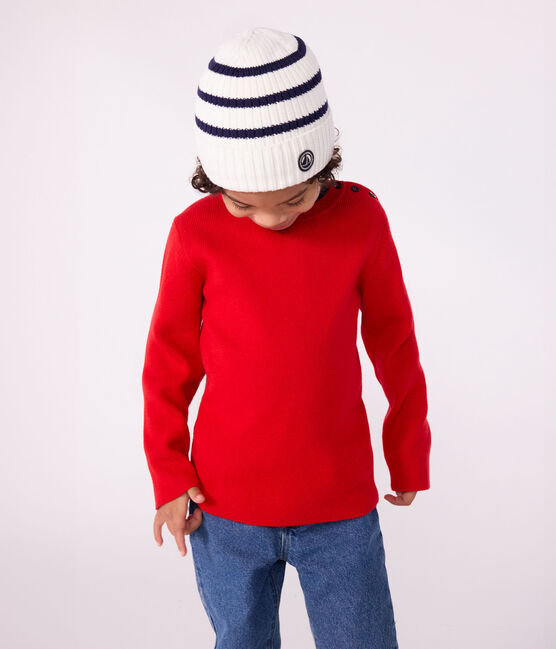 Children's stripy knitted beanie hat lined in polar fleece MARSHMALLOW blue/SOIR