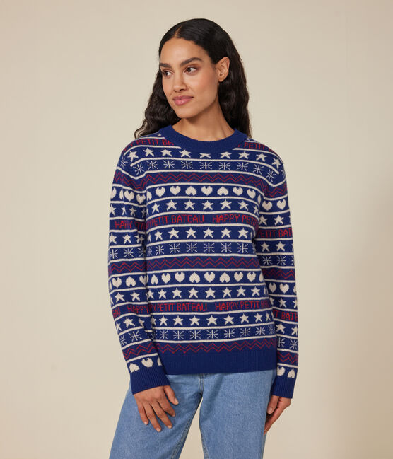 Women's wool and cotton jacquard jumper MEDIEVAL blue/MULTICO white