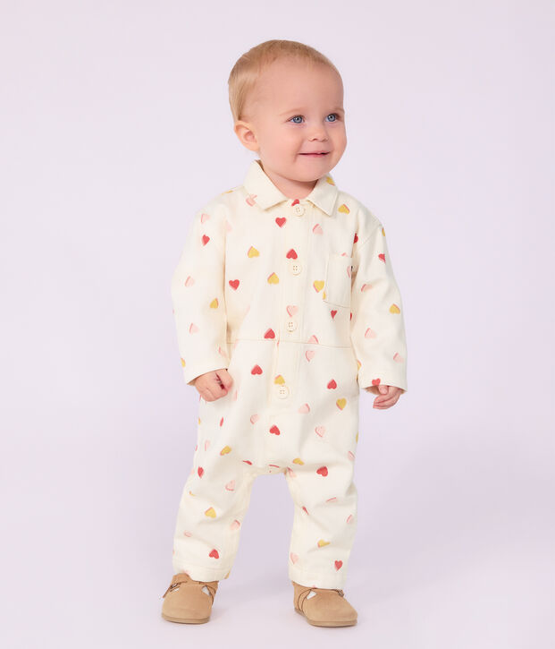 Babies' long jumpsuit in cotton with a heart print Ecru/multicolor