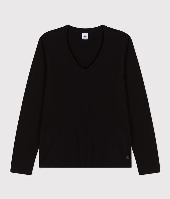 Women's The Straight long-sleeved V-necked fine jersey T-shirt NOIR black