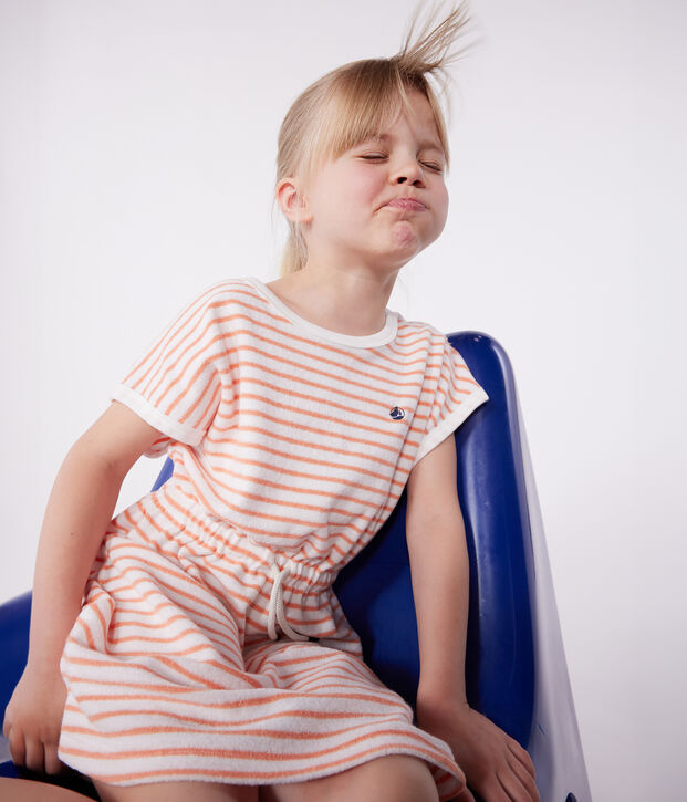 Children's short-sleeved stripy cotton towelling dress orange/orange