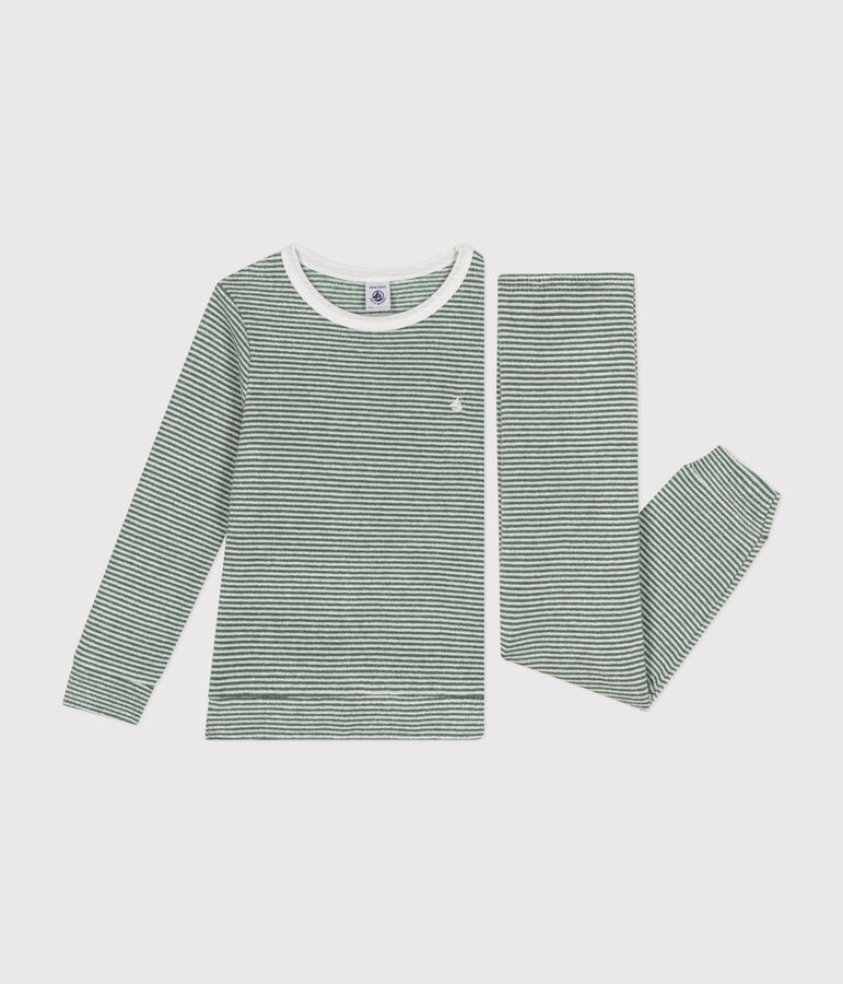 Children's stripy pyjamas in brushed terry velour green/white