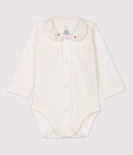 Babies' White Organic Cotton Bodysuit with Collar MARSHMALLOW white