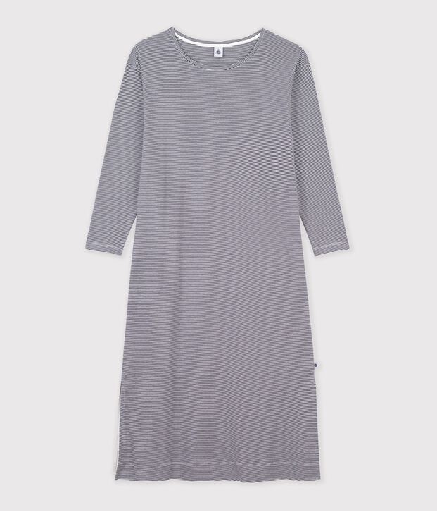 Women's full-length nightdress in stripy cotton blue/white