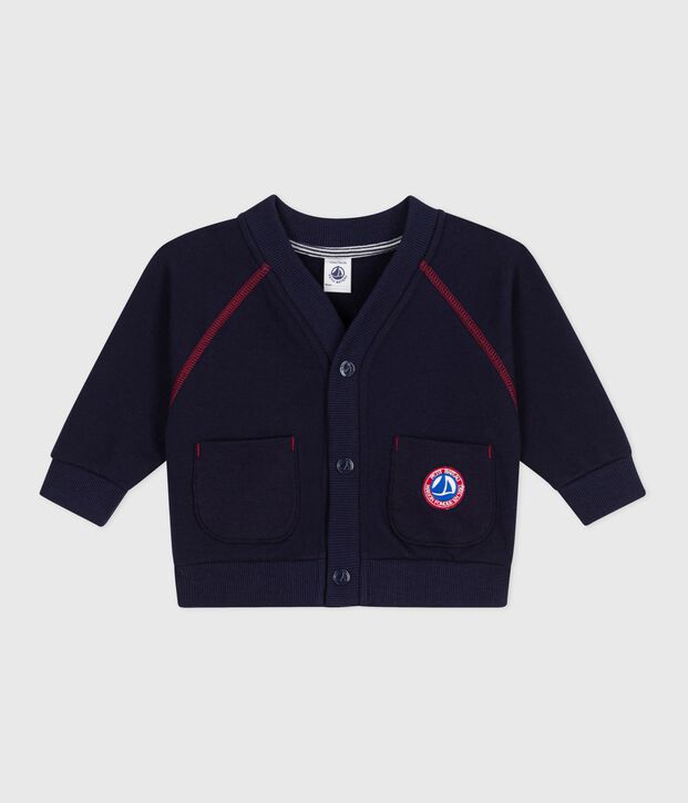 Babies' cardigan in plain cotton with contrasting stitching SOIR