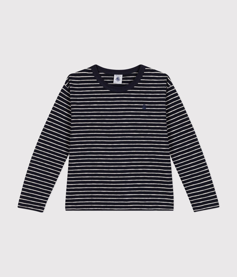 Boys' long-sleeved slub jersey T-shirt blue/beige