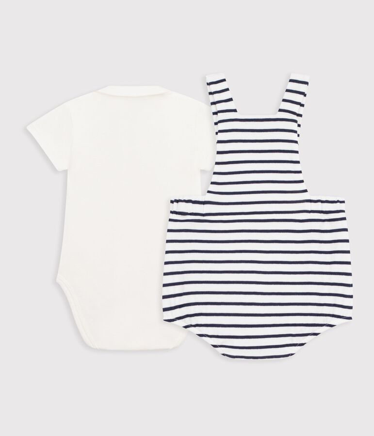 Babies' two-piece set in stripy cotton with embroidered details white/blue