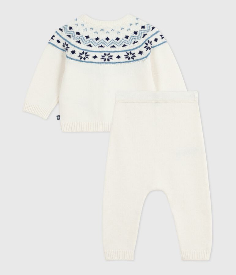 Babies' 2-piece knitted outfit with a jacquard knit cardigan white/blue