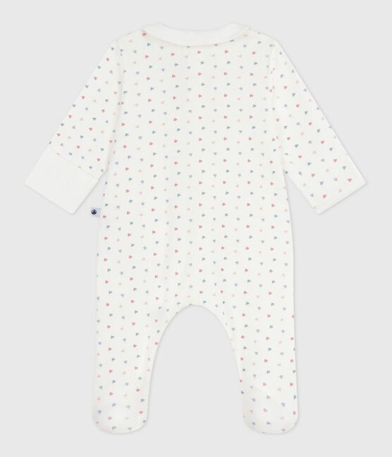 Babies' heart-print cotton pyjama suit with a collar MARSHMALLOW white/MULTICO white