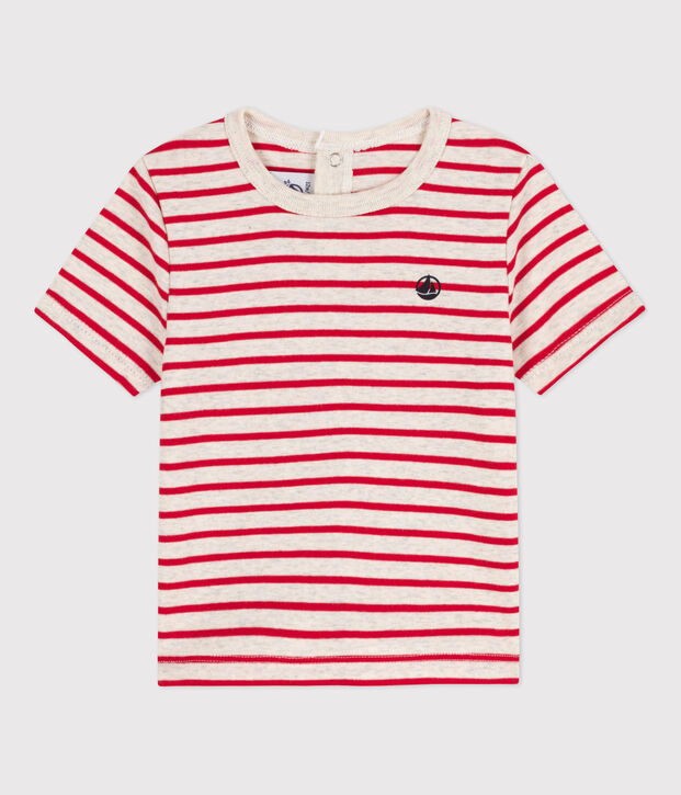 Babies' Stripy Cotton Short-Sleeved T-Shirt beige/red