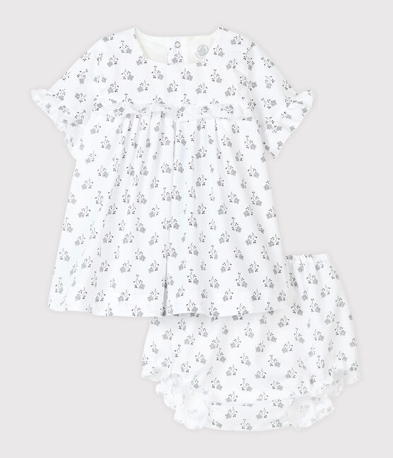 Baby girl's flower print dress with bloomers in poplin MARSHMALLOW white/MULTICO white