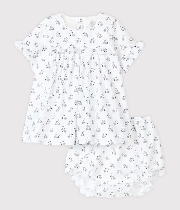 Baby girl's flower print dress with bloomers in poplin white/multicolor