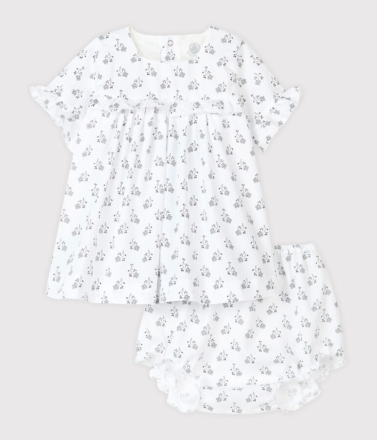Baby girl's flower print dress with bloomers in poplin white/multicolor