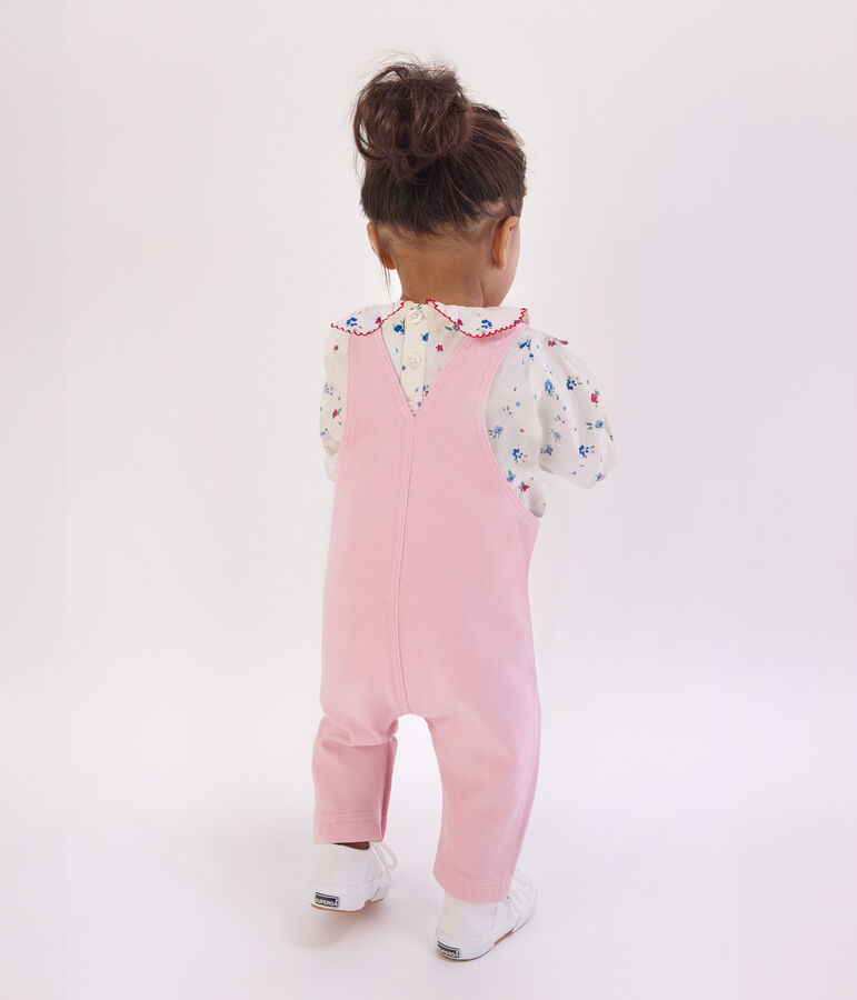 Babies' long-leg dungarees in plain cotton pink
