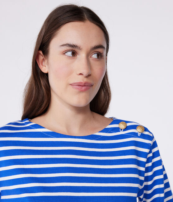 Women's long-sleeved cotton Breton top PERSE blue/MARSHMALLOW white
