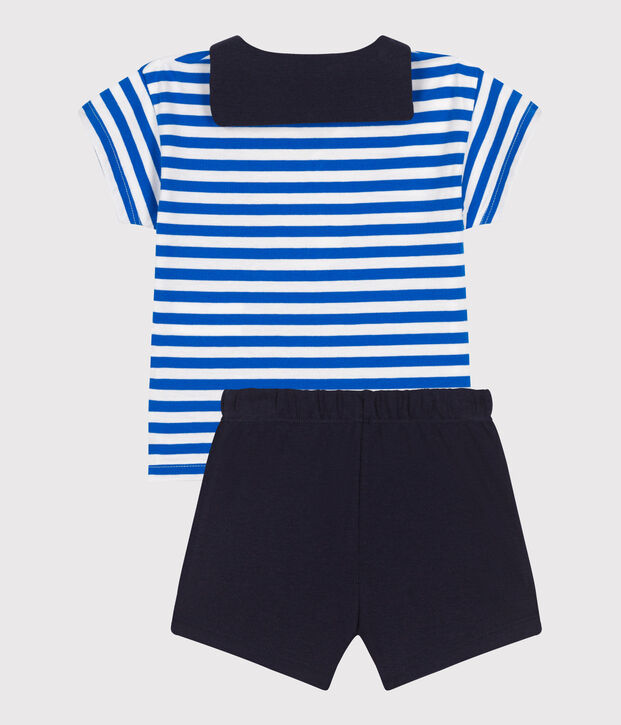 Babies' two-piece cotton set including a T-shirt with a sailor collar blue/blue
