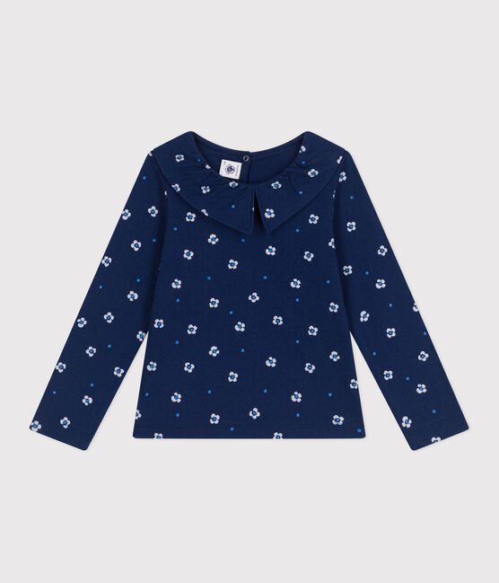 Children's long-sleeved floral cotton T-shirt MEDIEVAL blue/MULTICO white