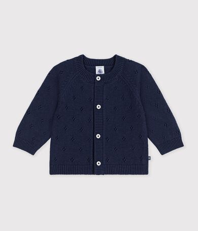 Babies' plain wool and cotton knit cardigan