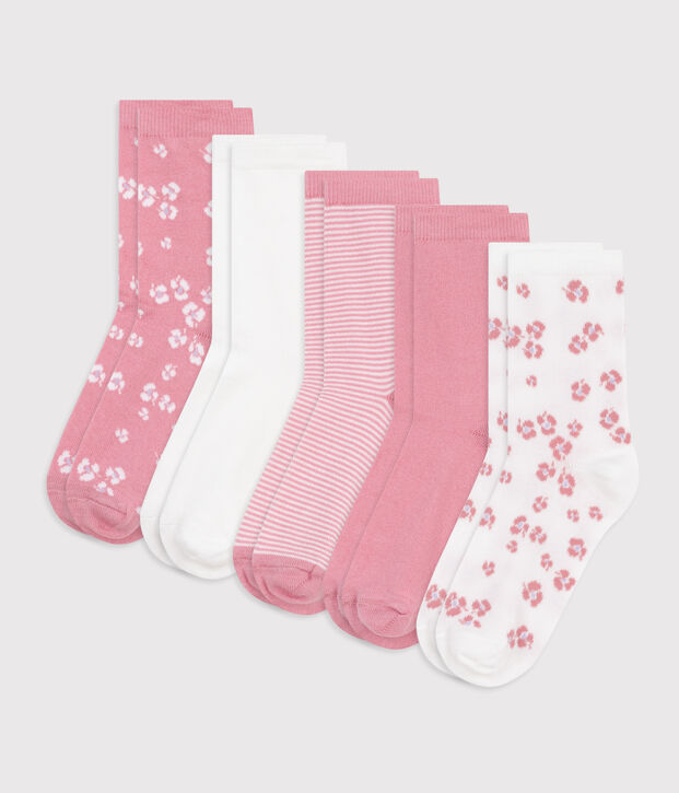 Children's plain and flower-print cotton socks - 5-Pack multicolor