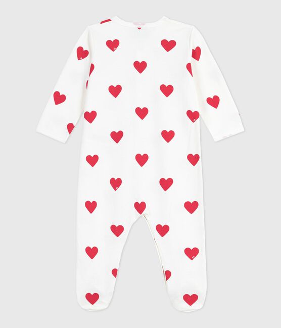Babies' brushed fleece heart-print pyjamas with a collar MARSHMALLOW white/TERKUIT red