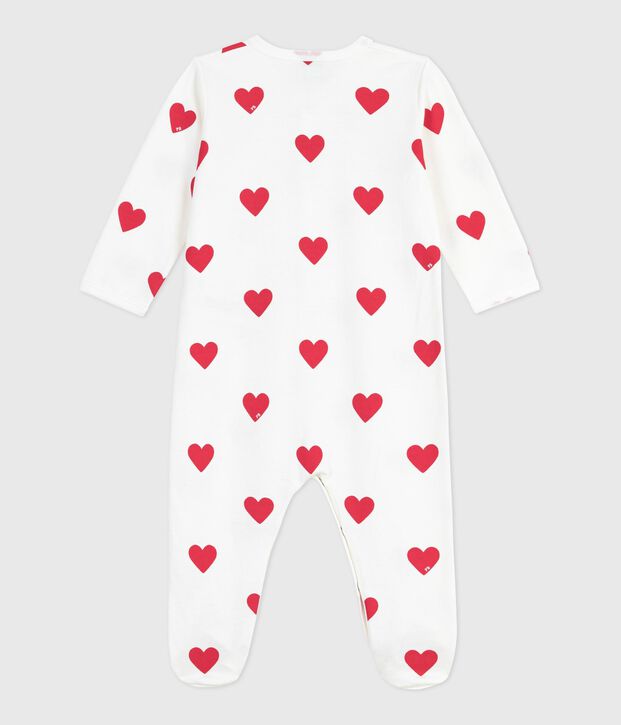 Babies' brushed fleece heart-print pyjamas with a collar white/red