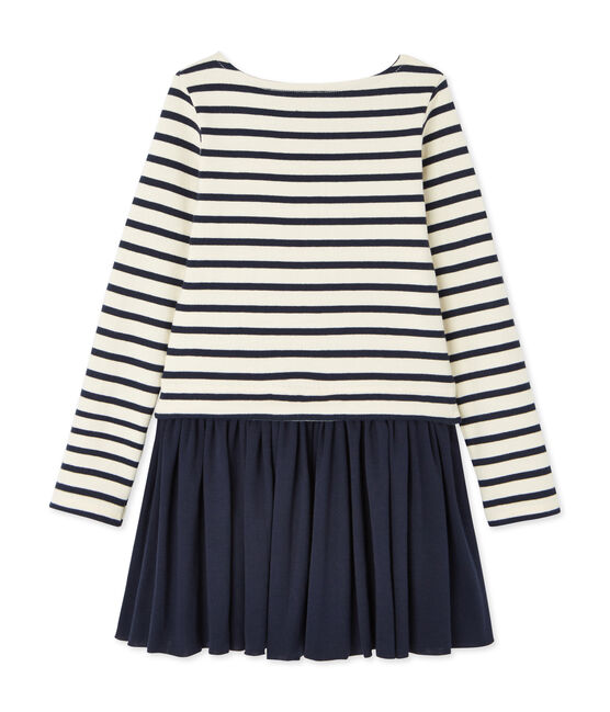 Girl's striped dual fabric dress COQUILLE beige/SMOKING blue