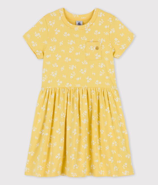 Girls' Short-Sleeved Cotton Dress ORGE yellow/MARSHMALLOW white