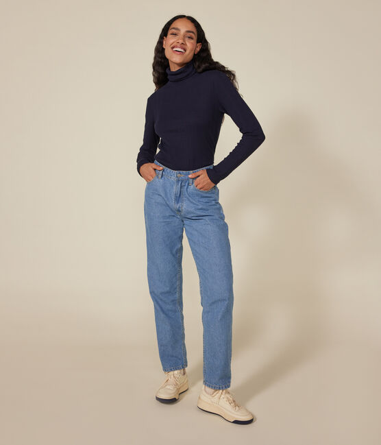 Women's iconic roll neck T-shirt in decorative rib knit SMOKING blue