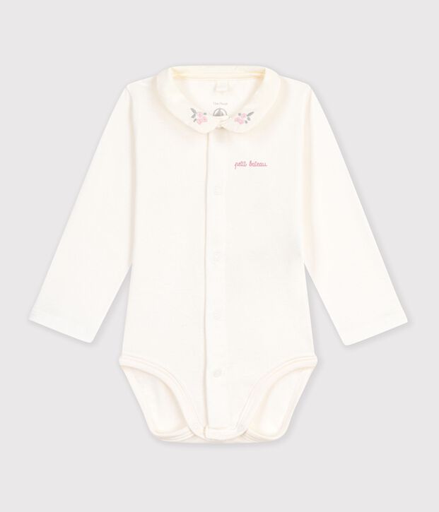 Babies' long-sleeved plain cotton body with an embroidered collar pink/pink