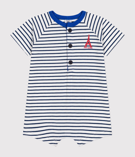 Babies' fine jersey playsuit MARSHMALLOW white/MEDIEVAL blue