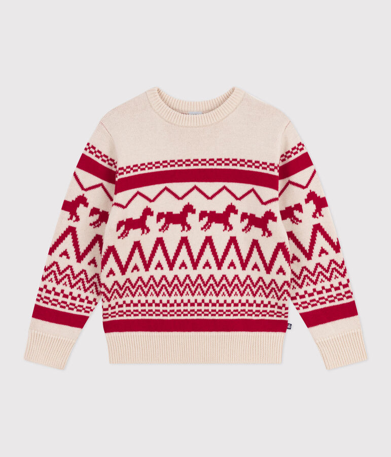 Children's patterned wool and cotton jumper Ecru/red