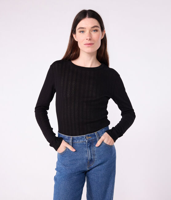 Women's Iconic long-sleeved openwork cotton T-shirt BLACK black