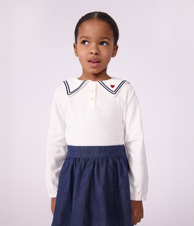 Children's long-sleeved plain cotton blouse with a collar white
