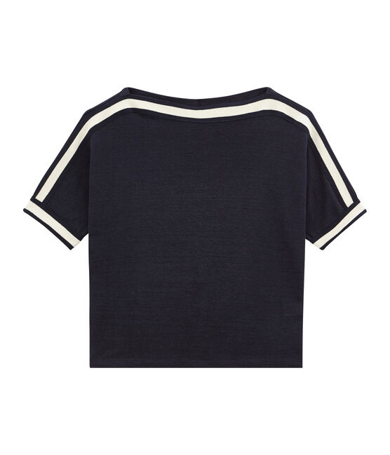 women's short sleeved tee-shirtin shiny linen SMOKING blue