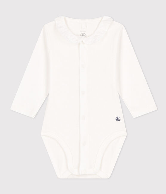 Babies' Long-Sleeved Cotton Bodysuit With Ruffle Collar MARSHMALLOW white