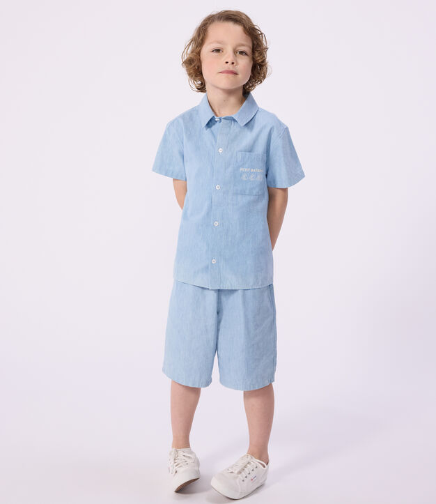 Children's short-sleeved cotton shirt blue